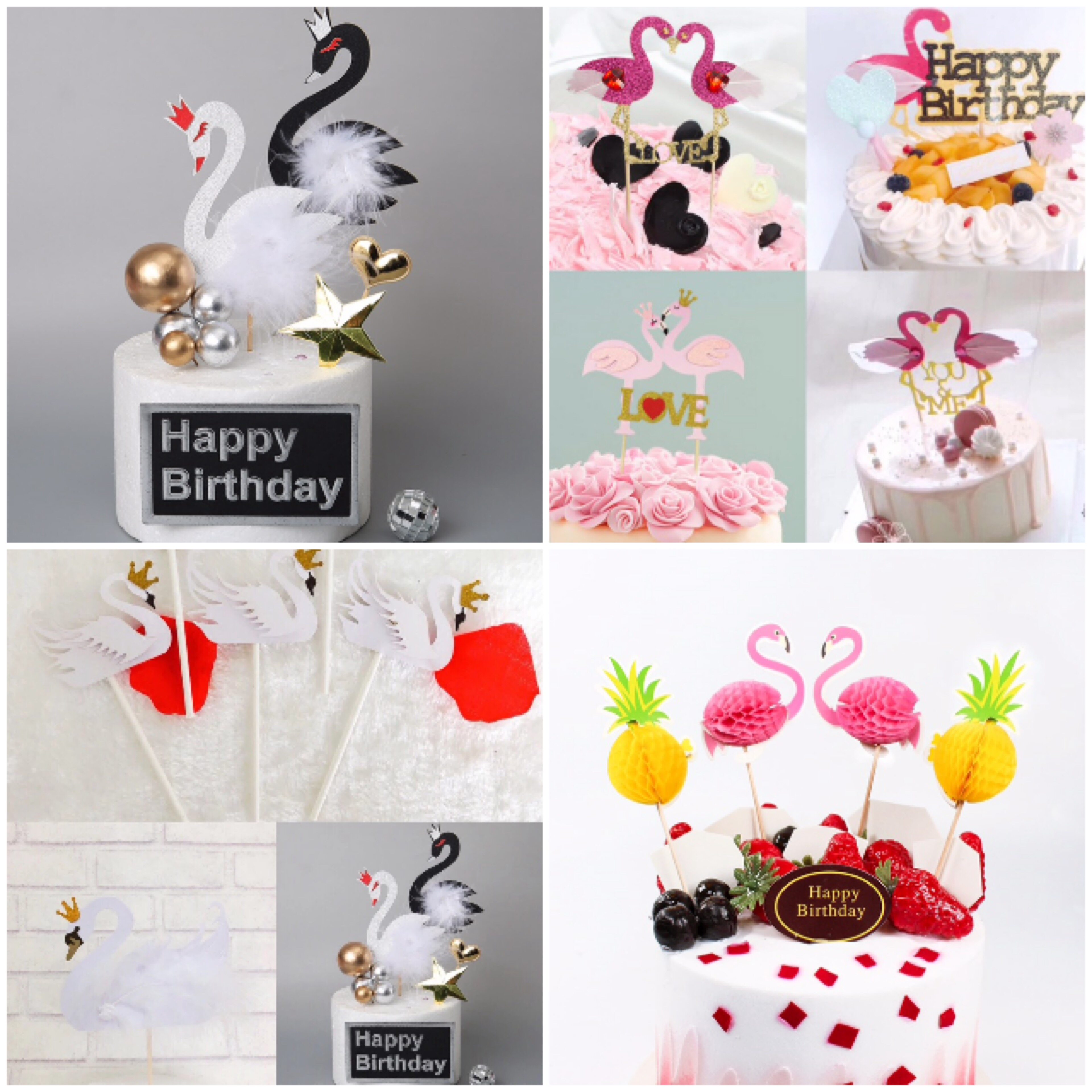 White swan birthday cake card feather flamingo baking decoration banner wedding theme party dessert plugin