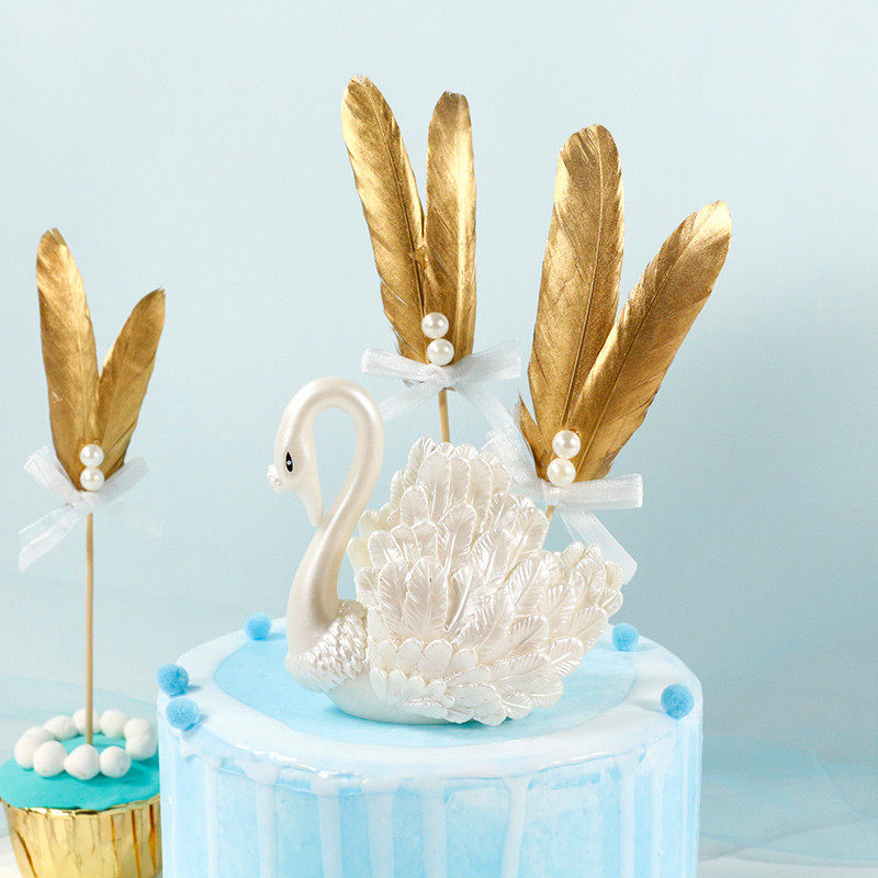 Golden feather cake decoration beautiful bow pearl wings card creative paper cup dessert table baking plug-in