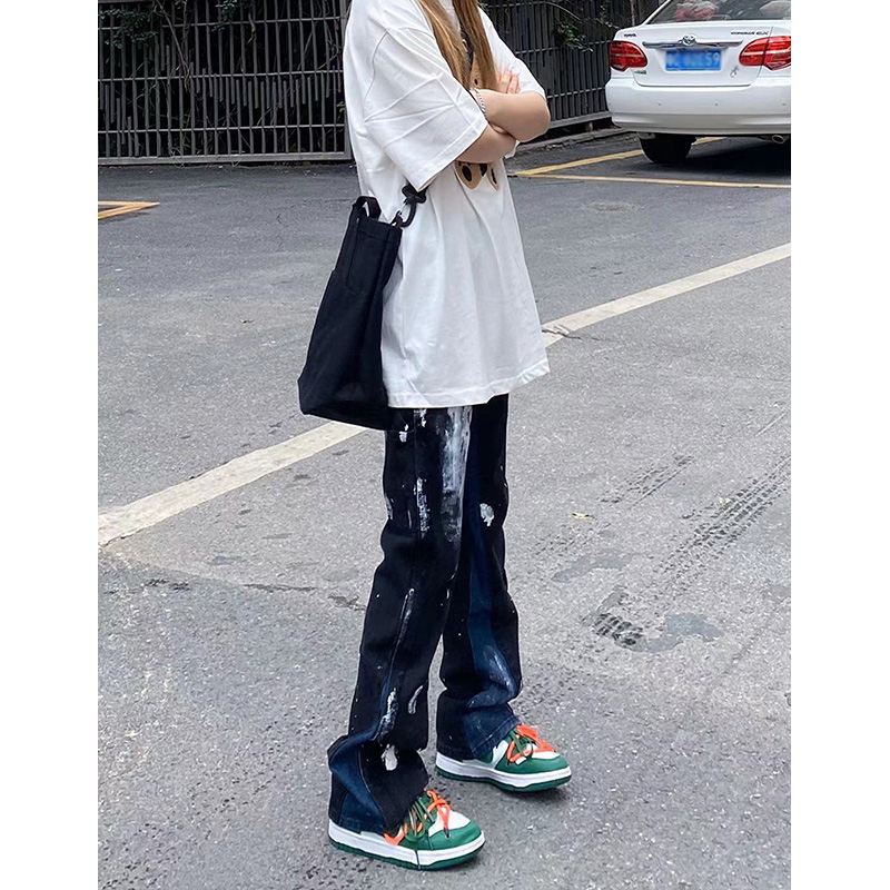 (New factor official store)Tide brand splashing ink loose straight high street jeans men's and women's pants Li Dai Kun the same paragraph