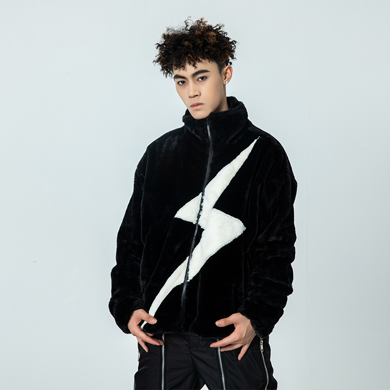 New factor PILIHUO joint lamb plush lightning pattern jacket casual loose lovers jacket tide cards