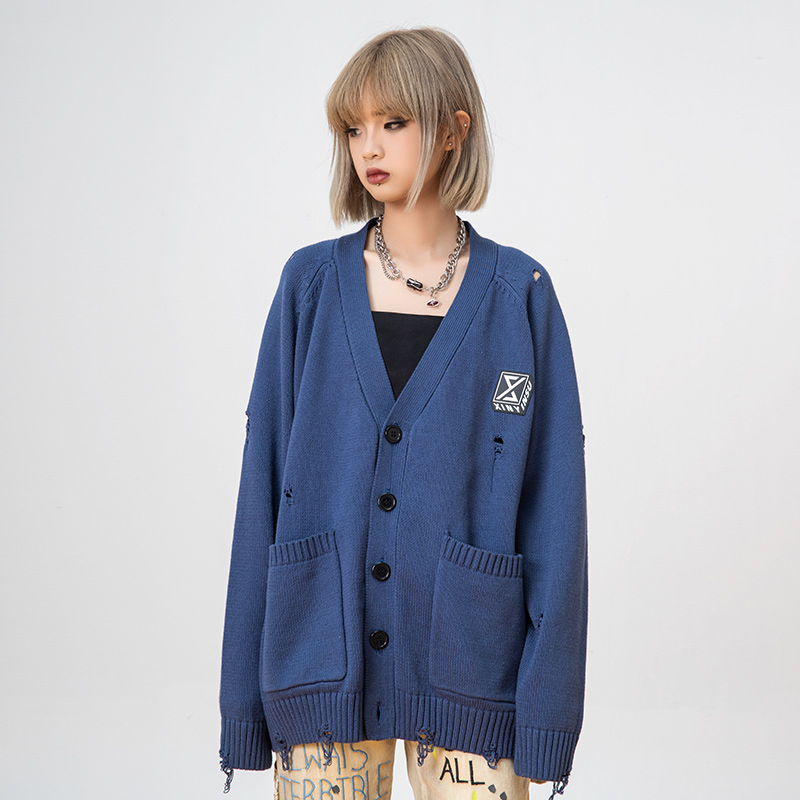 New Factor Tide Cards Fall New Pocket Knitted Cardiovert Sweater College Wind V Collar Loose Jacket Lovers