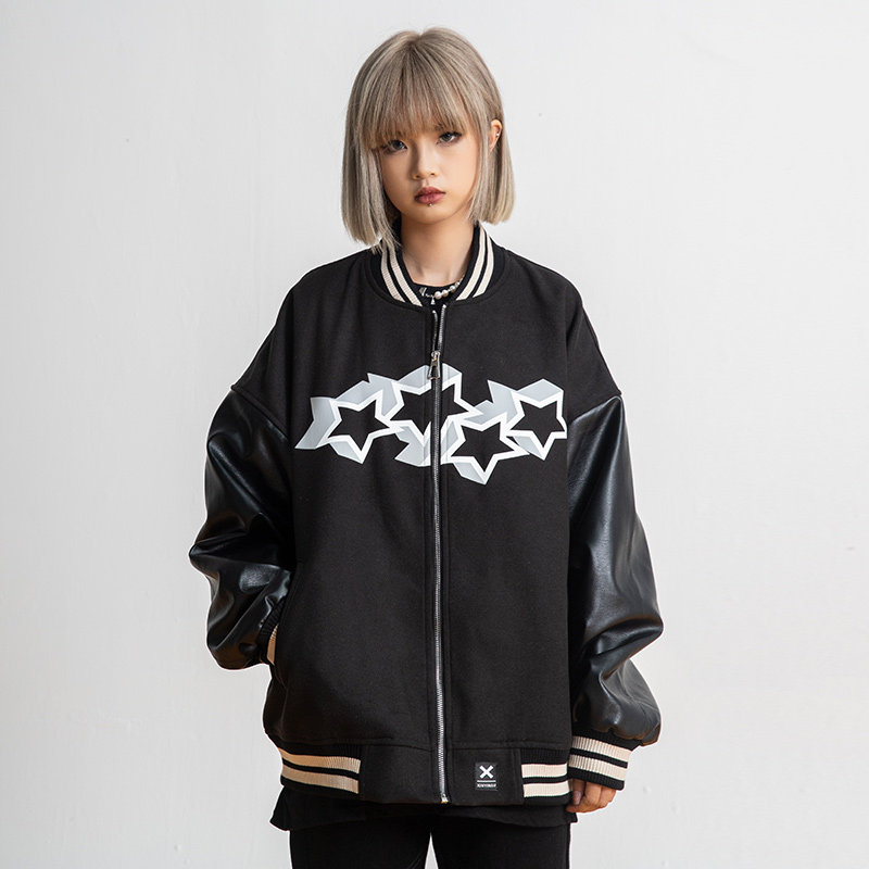 New Factor New Small Stars Printed Cuffs PU Leather Baseball Uniform Loose Casual Jacket Jacket Man Spring Autumn