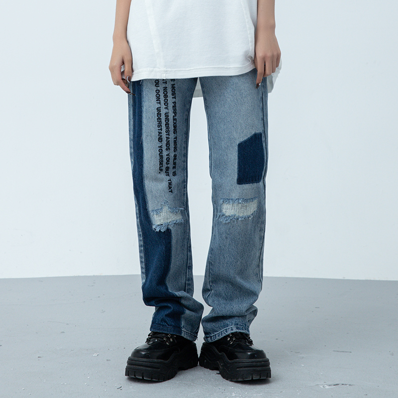 XINYINSU new factor retro stitching slogan embroidery hole trousers trendy brand street loose straight jeans