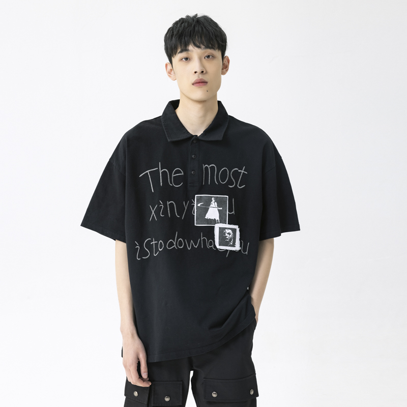 Zheng Xinyinsu Same Factor New Factor Tide Retro Embroidery Paste Polo Shirt Relaxing Men Short Sleeve T-Shirt