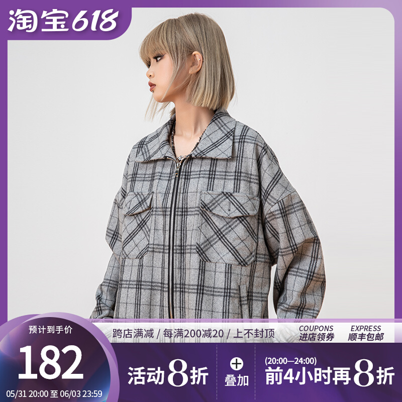 New factor 21AW personality strip lattice button Pocket Hooker Jacket Male Tide Cards Loose Casual Short jacket Couple