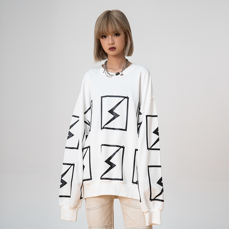 New factor PILIHUO joint full print lightning thunder rain cover head casual blouse spring and autumn with loose round collar long sleeve lovers