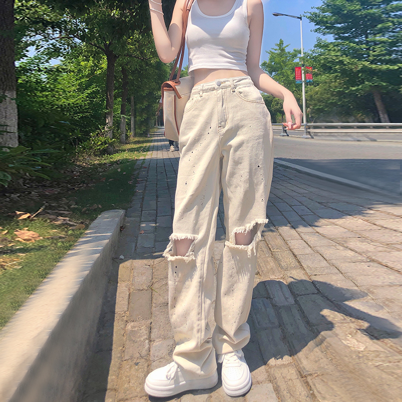 XINYINSU New Factor Knee Breaking Hole White Jeans Loose Straight Drum Ink pants Tide Cards Breaking of Hole Pants 