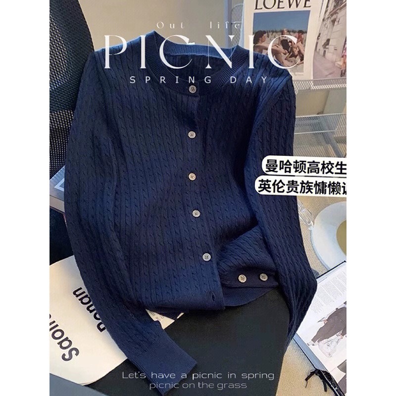 This Year's Popular New French-Style Unique and Exquisite Navy Blue Knitted Cardigan Sweater for Women in Spring