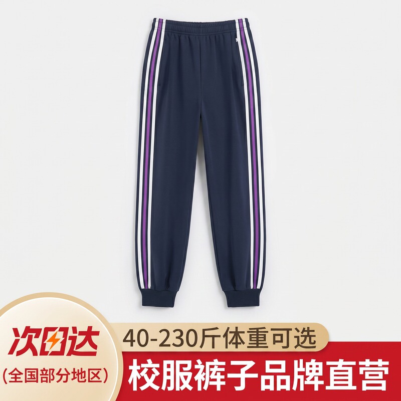 Luneng Bashu Junior and Senior High School Students' Navy Blue School Uniform Pants with Three Stripes, White and Purple Stripes, Summer Thin Style