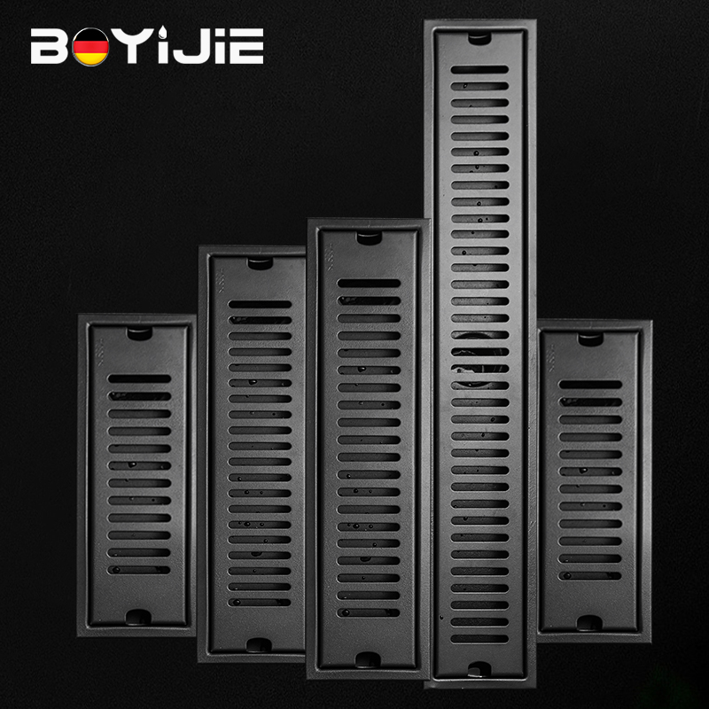 Black Bathroom 304 Stainless Steel Long Strip Deodorant Floor Drain Makeup room Large displacement thickened rectangle