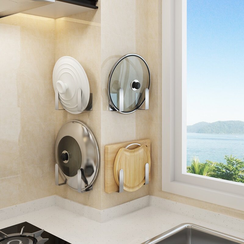 Stainless steel perforated kitchen shelf pot lid rack wall hanging chopping board cutting board knife holder storage rack for household use