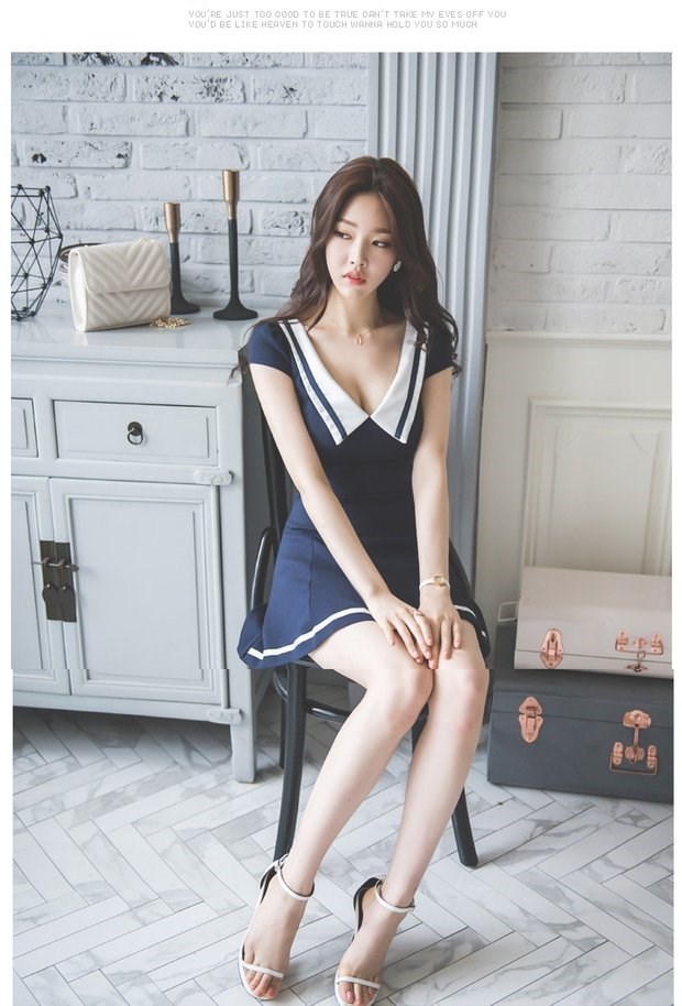 Mùa hè 2018 mới cơ thể nữ giảm béo đồng phục cắt thấp phong cách hải quân gợi cảm gió đại học một từ váy đầm - A-Line Váy váy liền chữ a dáng dài