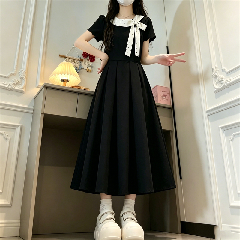 12-Year-Old Girl's French-Style Dress for Summer, Suitable for 15-Year-Old High School and Junior High School Students, 13-Year-Old Girls, Hepburn-Style Round-Neck Long Dress