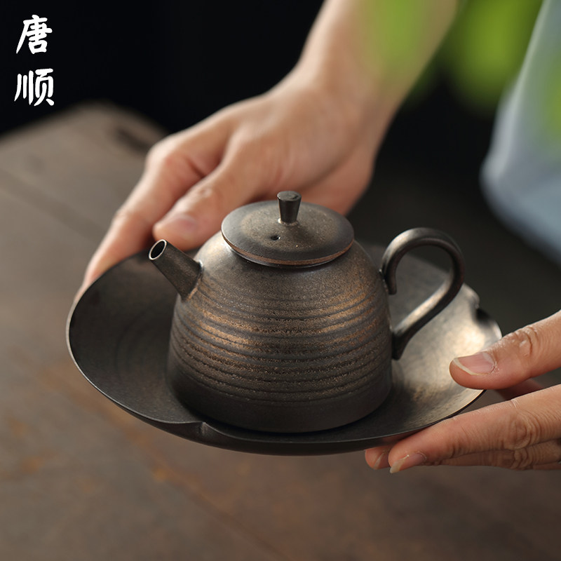 Tangshun Coarse Pottery Retro Tea Filter Small Teapot Single Pot Japan Style Home Flushing Tea Instrumental Kungfu Dry Tea With Pot Bearing