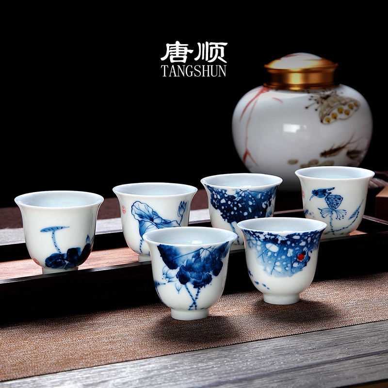 Tang Shun hand-painted lotus six scenes kung fu small tea cup household ceramic underglaze color kung fu tea cup personal tall cup