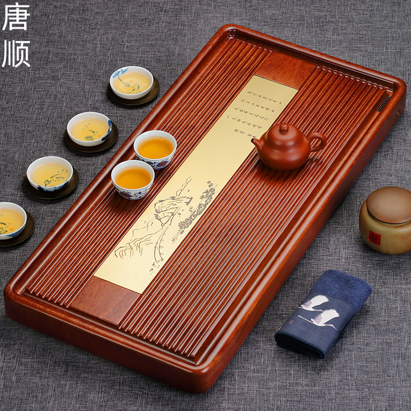 Tang Shun pear wood whole household tea tray inlaid copper solid wood Gongfu tea set Drainage bakelite tea table tray