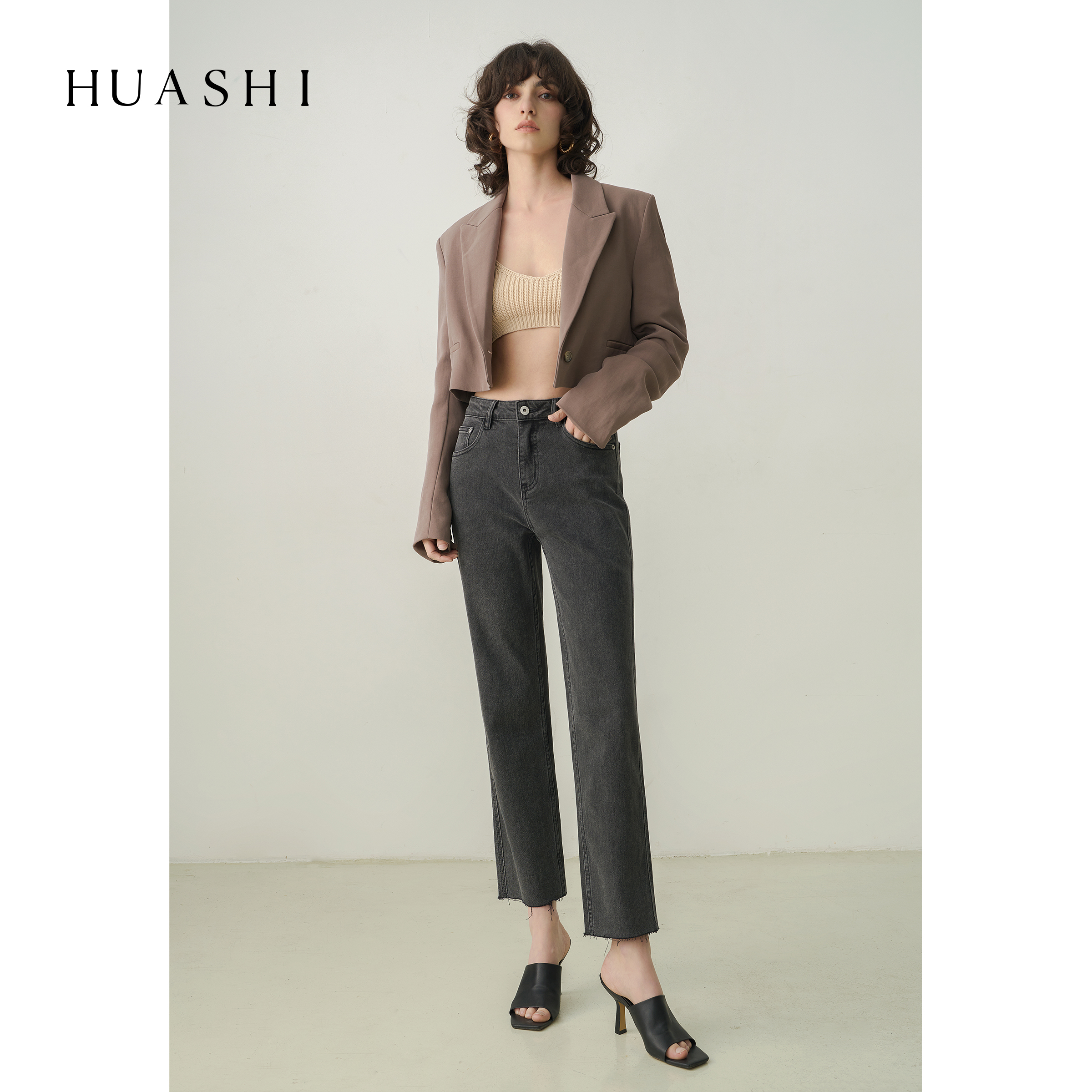 HUASHI painted grey raw edge straight-leg jeans women's high waist slim loose cropped baguette pants 81182