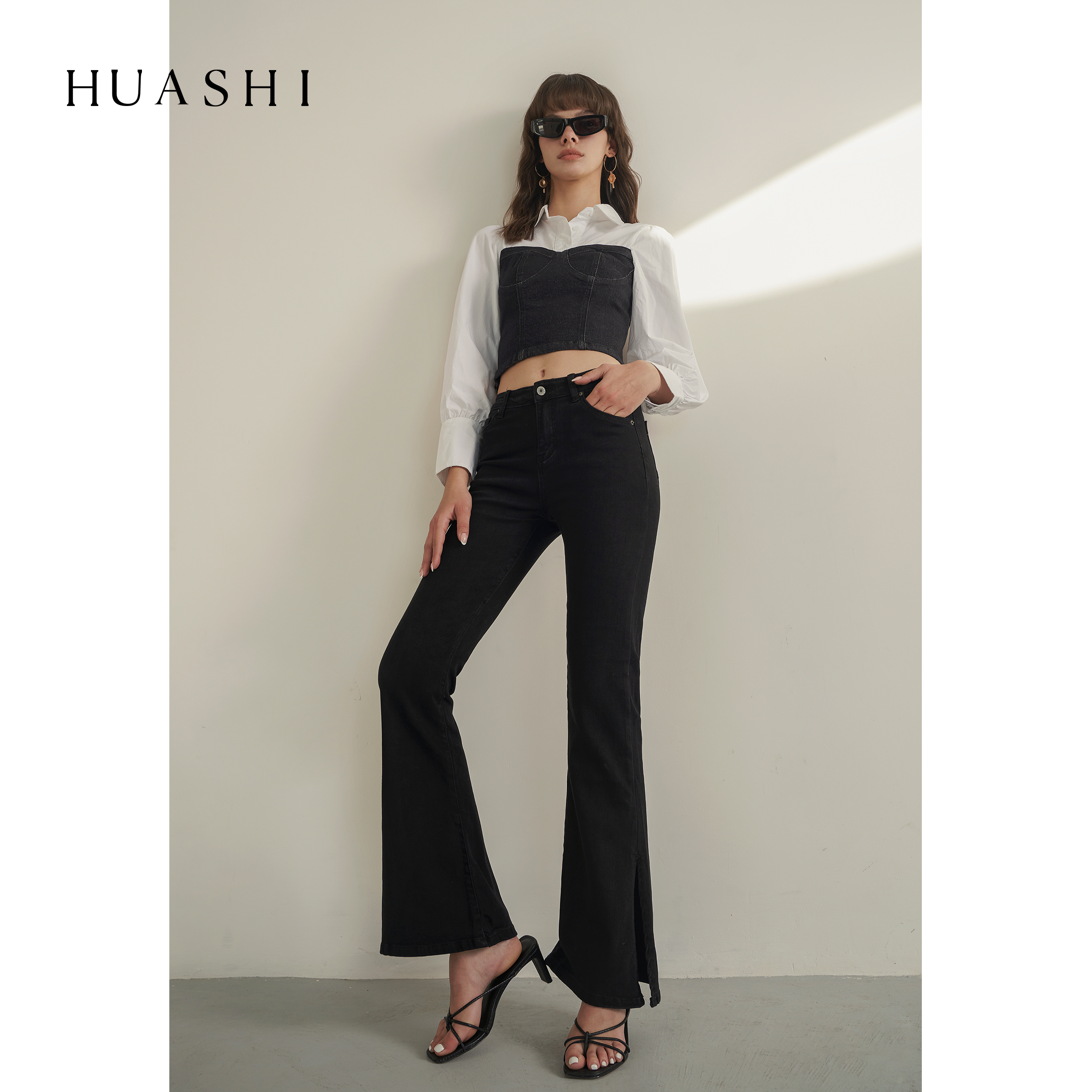 HUASHI HIGH QUALITY BLACK OPEN FORK MICROLAGINE PANTS WOMAN HIGH WAIST AND SLIM DESIGN SENSATION HORN LONG PANTS