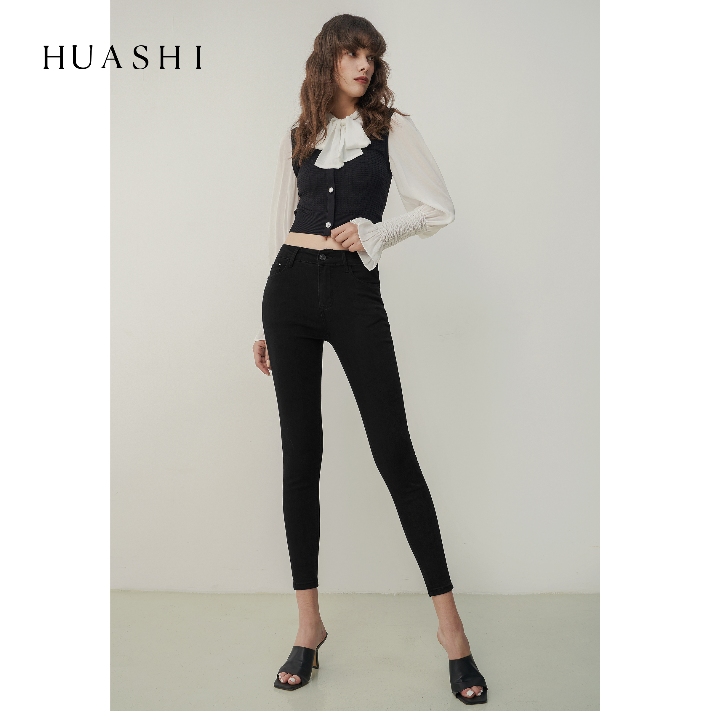 Huashi black high waist jeans female mens thin winter warm blue pencil little pants new style