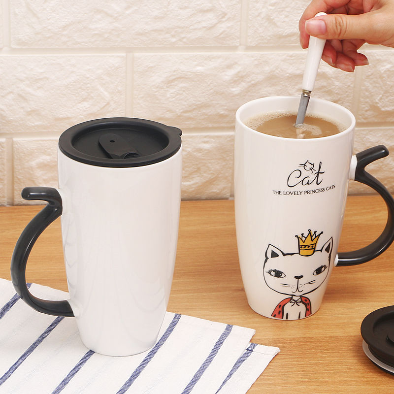 Contracted cat mark cup big volume ceramic cup, lovely breakfast cup home office with cover run water cup