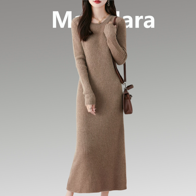Max's Ribbed Pure Wool Knit Dress for Women, Slim-Fit, Long, Over-The-Knee, Bodycon, Inner Layer Sweater Dress