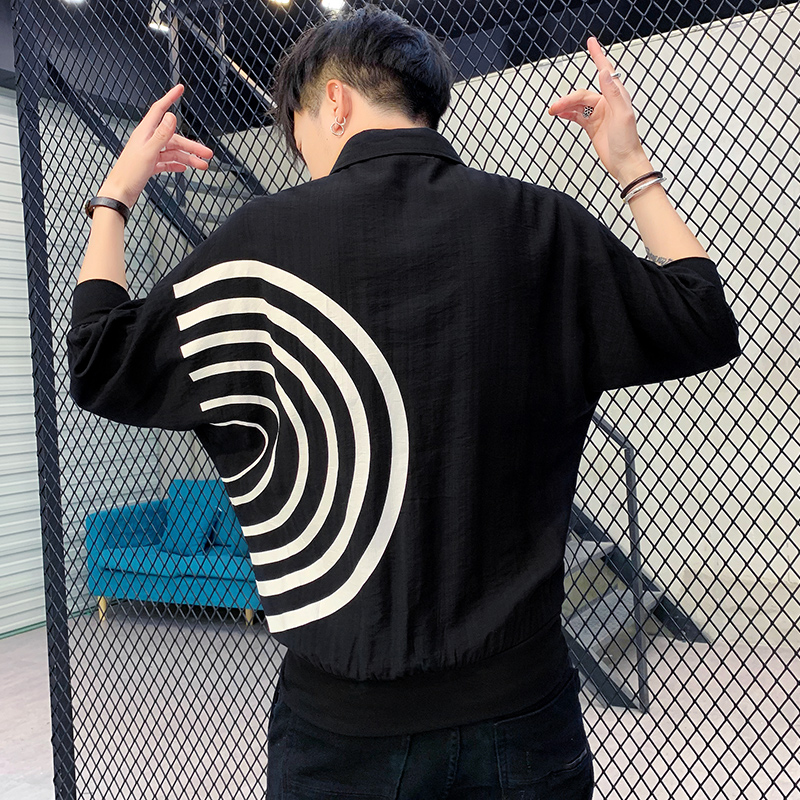 [Circle] BlackShort sleeve shirt male Korean version work clothes trend leisure time Ruffian handsome shirt man handsome three quarter sleeve Clothes 5 points 7 men's wear