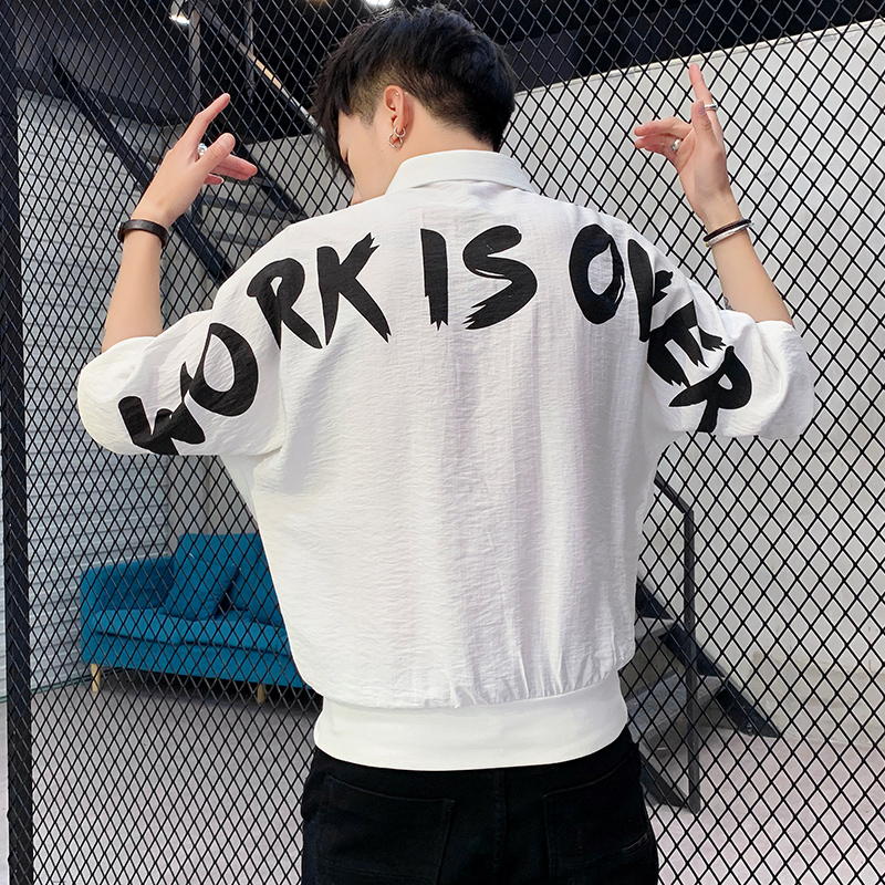 WhiteShort sleeve shirt male Korean version work clothes trend leisure time Ruffian handsome shirt man handsome three quarter sleeve Clothes 5 points 7 men's wear