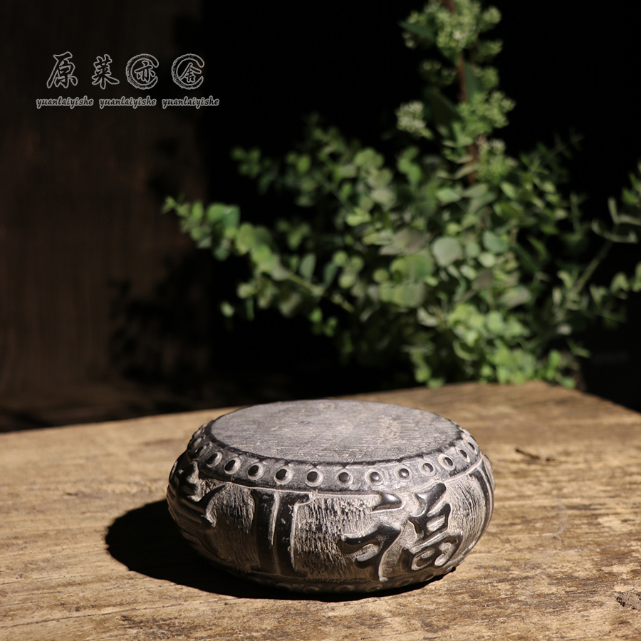 Original Lai bluestone carving Fushou stone drum base pot bearing tea table ornaments traditional craft stoneware Chinese ancient tea set