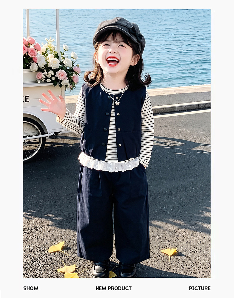 女童洋气宽松春秋季条纹阔腿裤三件套宝宝超好看休闲韩系套装时髦 — 13