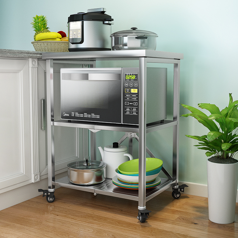 Foldable moving cart rack 304 stainless steel kitchen shelf floor microwave oven rice cooker frame