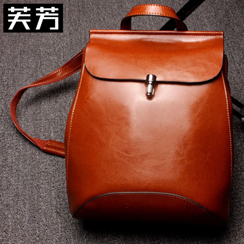 Fu Fang 2022 new Korean fashion Joker tide oil wax cowhide women's bag Korean style backpack solid color backpack