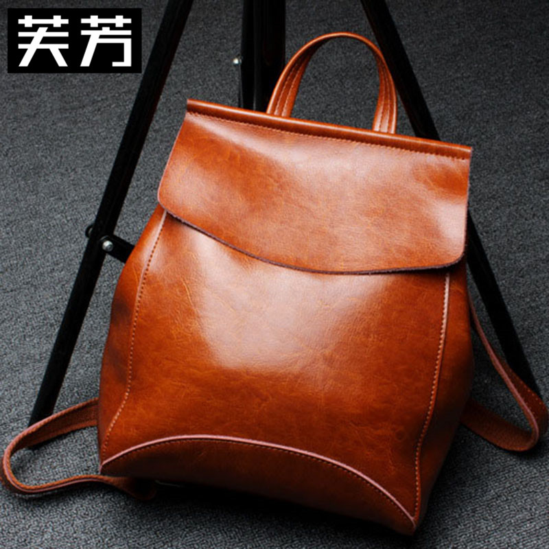 Fangfang oil wax cow leather double shoulder bag with new Korean version fashion tide 100 hitch travel shoulder bag large capacity minimalist girl bag