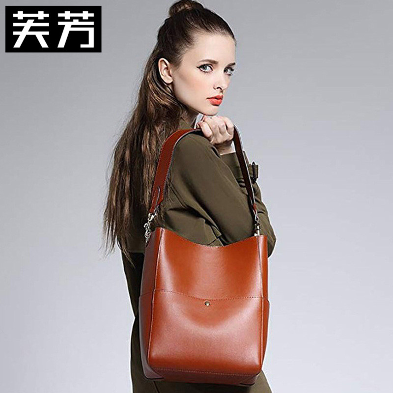 Fangfang genuine leather big bag girl soft leather bucket primary-secondary bag of European and American fashion pull chain buckle ox leather single shoulder satchel wave