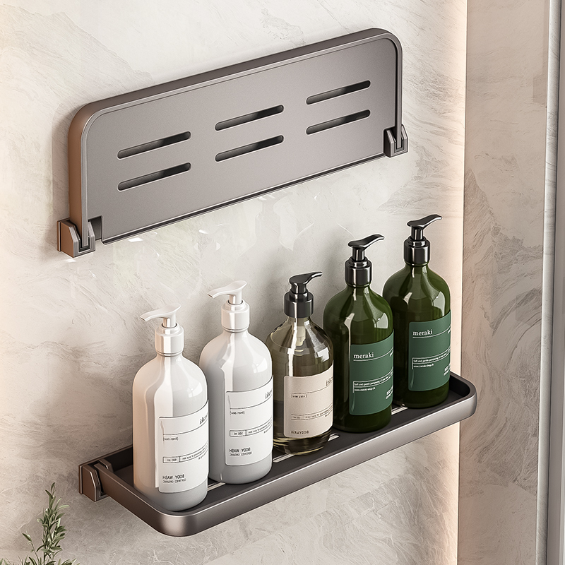 Bathroom Storage Rack, Foldable, Wall-Mounted, Gray, No-Drill, for Washroom, Washbasin, Toilet Storage