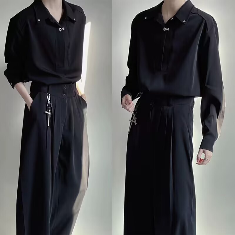 Metal Buckle Retro-Style Stand-Up Collar Shirt with a French Drape Design, Unisex Shirt for Spring and Summer
