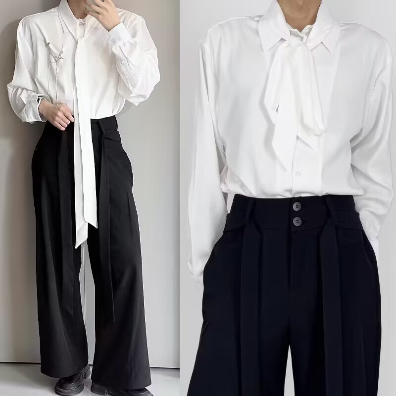French-Style Ribbon Shirt, Retro Design, White Shirt with a High-End Feel, Relaxed Fit, New Black Shirt for Men, Thin Style