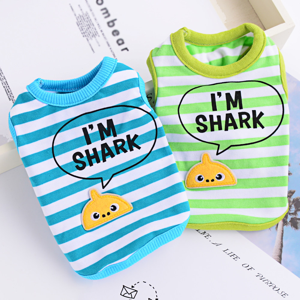 Beaume Teddy Dog Clothes Summer Clothing Thin canine Pure Cotton Cartoon Shark Striped Pet Kitty Vest Summer