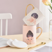 Ceramic mug mug with lid spoon girl heart personality couple Cup coffee cup Milk Cup birthday wedding gift