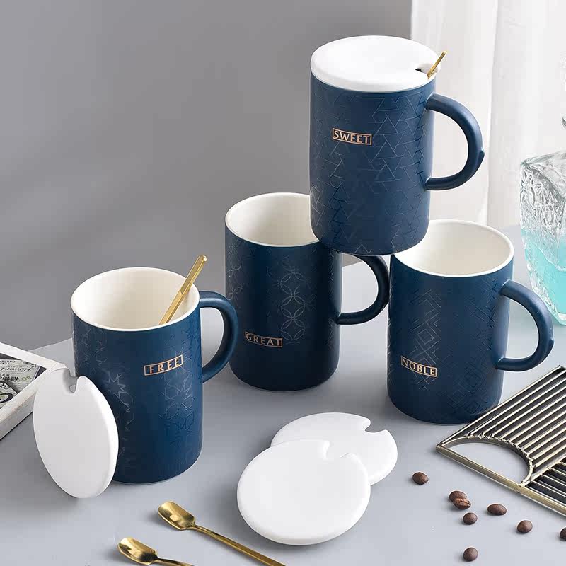 Nordic mug with lid Couple ceramic mug letter personality coffee cover Simple ins Home office