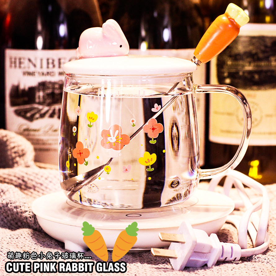 Cup female glass with handle High temperature transparent heat-resistant rabbit Creative tea cute with lid Water cup straw powder