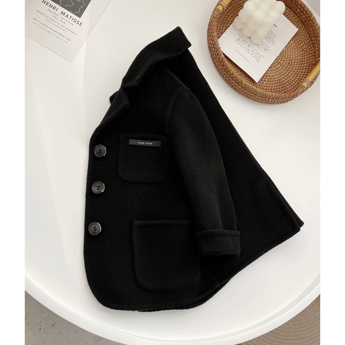 Classic Black Suit Double Face Cashmere Autumn Winter Boy Girl Foreign Pie Wool Child Great Coat Big Boy Short jacket