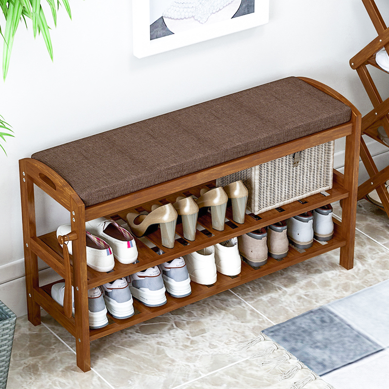 Nordic shoe stool Shoe cabinet Solid wood bamboo modern simple multi-functional European try-on door shoe rack Shoe stool