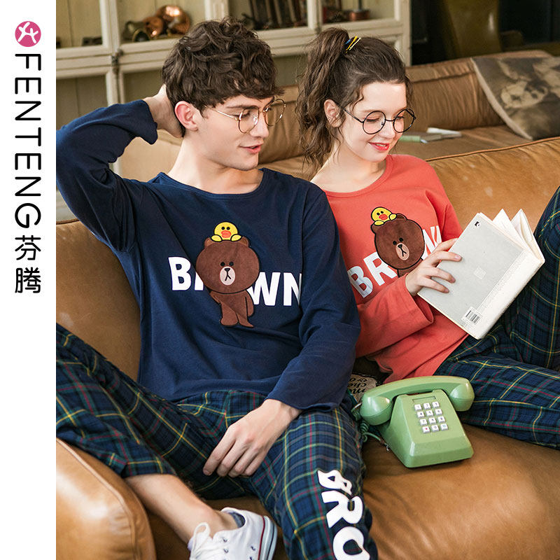Finten Spring Autumn Lovers Long Sleeve Pyjamas Woman Male Pure Cotton Loose Korea Brown Bear Casual Cartoon Home Suit Suit