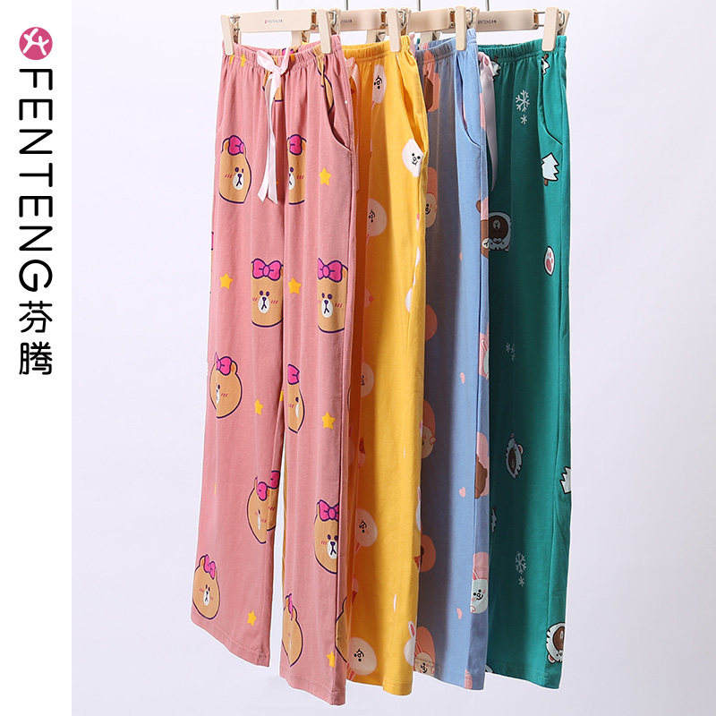 Finten Sleeping Pants Woman Summer Thin Pants Air Conditioning Loose Pure Cotton Cartoon Brown Bear Full Cotton Extractable Wearing Home Pants