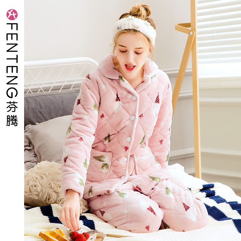 Fenten winter coral suede bunk cotton pyjamas woman three-layer thickened warm flange suede cotton padded jacket large size home suit suit