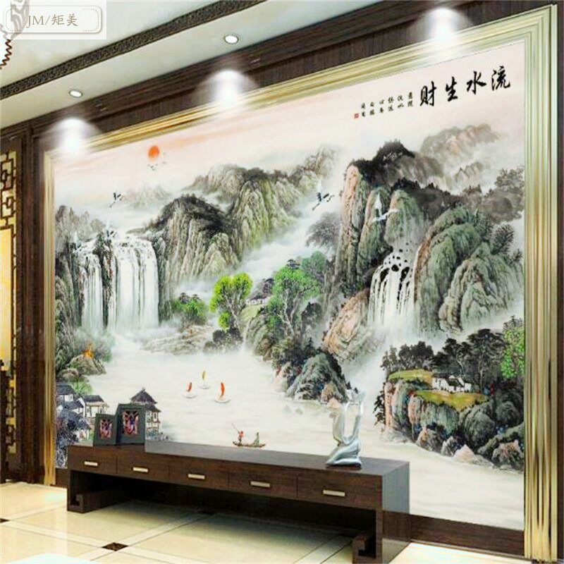 Chinese style ink landscape TV background wall integrated wall panel 18d atmosphere hotel bag compartment decoration bamboo and wood fiber board