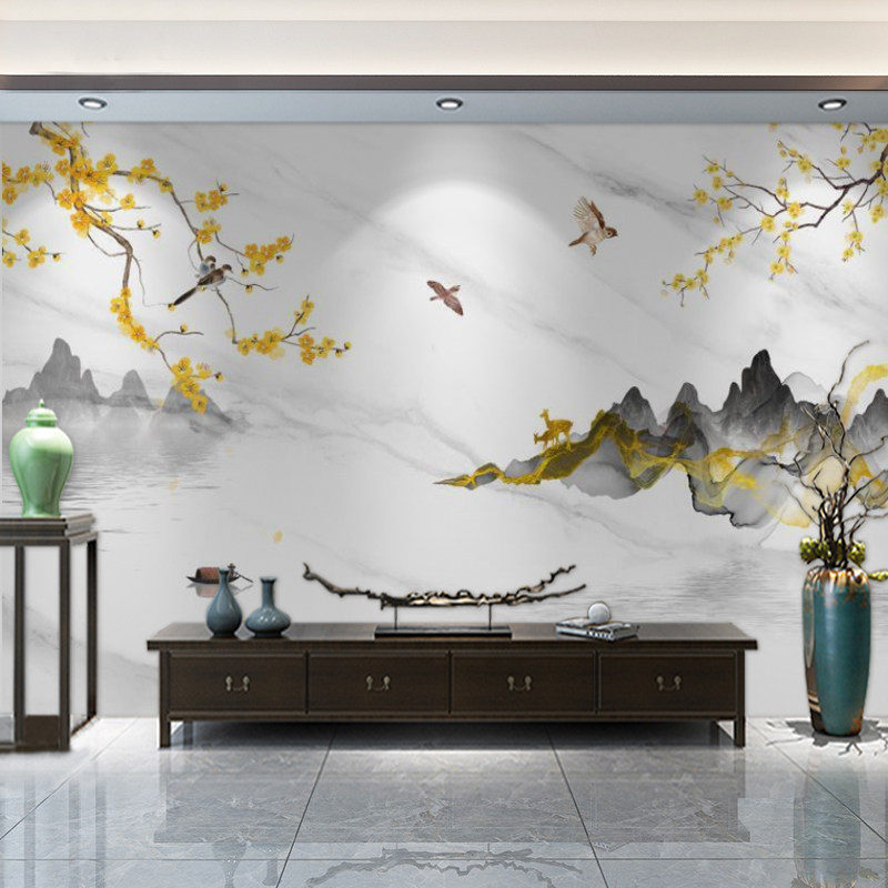 New Chinese flower and bird film and TV wall Wood and wood fibre board landscape painting Living room Bedroom integrated board TV background wall buckle plate