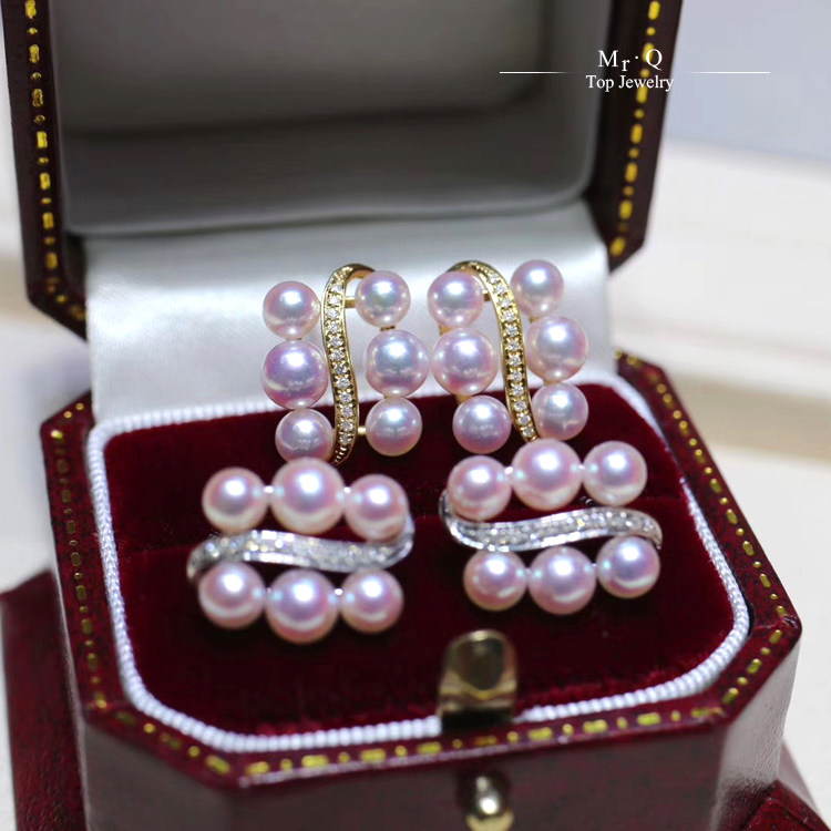 (Ruoshui) 18K gold Japanese seawater akoya pearl earrings aurora white transparent pastel pearl diamond earrings