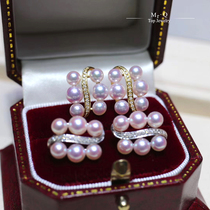 (Ruoshui) 18K gold Japanese seawater akoya pearl earrings aurora white transparent pastel pearl diamond earrings