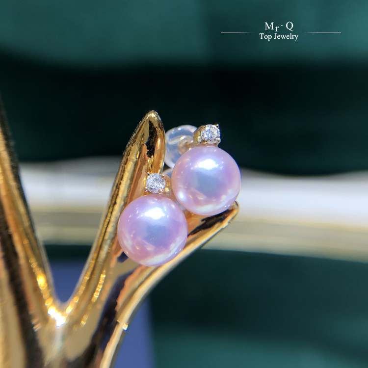 18K gold Japanese seawater pollution days female - class akoya pearl diamond princess ear nails in the beauty of the beauty round